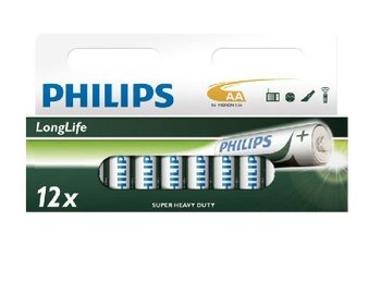 12x RAFHL&Ouml;&ETH;UR "PHILIPS - SUPER HEAVY DUTY" AA - LONGLIFE (12 stk &iacute; Blister)