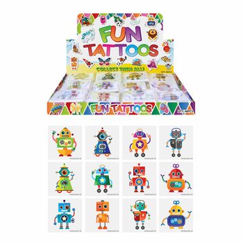 FUN TATTOO’S - VÉLMENNI (ROBOT), 12 húðflúr í pakka Í SÝNINGARKASSI (48 stk.)