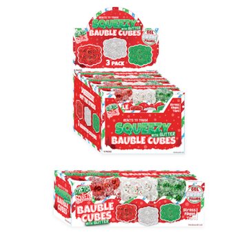 SQUEEZY GLITTER BAUBLE KUBBAR - ME&ETH; GLITRI - 3 KUBBA SETT - SUGAR FYLLING - &Iacute; BOR&ETH;STANDI (6 SETT)
