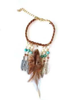 Ibiza-stíll armband brúnt með fjöður (1 stk)