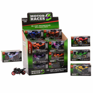 SUPER SPORT M&Oacute;TORHJ&Oacute;L DIE CAST, KVAR&ETH;I 1:24 &Iacute; DISPLAY (24 stk.)