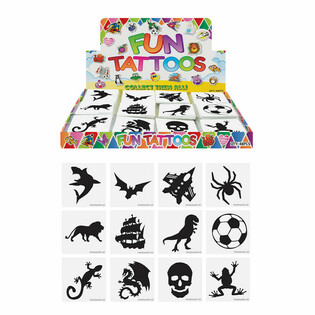 FUN TATTOO&rsquo;S - STR&Aacute;KAGER&ETH;, 12x Tattoo &iacute; pakka &Iacute; S&Yacute;NINGARSTANDI (48 stk.)