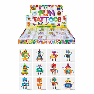 FUN TATTOO&rsquo;S - V&Eacute;LMENNI (ROBOT), 12 h&uacute;&eth;fl&uacute;r &iacute; pakka &Iacute; S&Yacute;NINGARKASSI (48 stk.)
